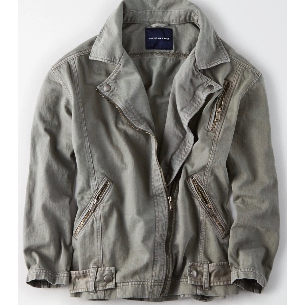 American Eagle Moto Jacket Olive Green Cotton Denim Asymmetric Zip Small